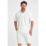 Tarz Cool Erkek Jakarlı Baklava Desenli %100 Pamuk Polo Yaka T-Shirt - Mat Beyaz