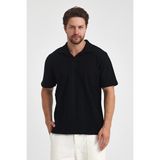 Tarz Cool Erkek Jakarlı Baklava Desenli %100 Pamuk Polo Yaka T-Shirt - Siyah - XL