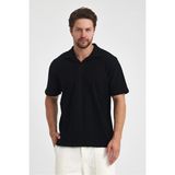 Tarz Cool Erkek Jakarlı Baklava Desenli %100 Pamuk Polo Yaka T-Shirt - Siyah