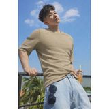 Tarz Cool Erkek Jakarlı Oversize Tişört Bisiklet Yaka Rahat Kalıp Yazlık Basic T-Shirt - Bej - M