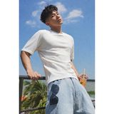 Tarz Cool Erkek Jakarlı Oversize Tişört Bisiklet Yaka Rahat Kalıp Yazlık Basic T-Shirt - Beyaz - M