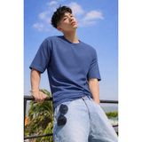 Tarz Cool Erkek Jakarlı Oversize Tişört Bisiklet Yaka Rahat Kalıp Yazlık Basic T-Shirt - Lacivert - M
