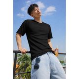 Tarz Cool Erkek Jakarlı Oversize Tişört Bisiklet Yaka Rahat Kalıp Yazlık Basic T-Shirt - Siyah