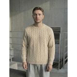 Tarz Cool Erkek Kahverengi Bisiklet Yaka Slim Fit Saç Örgülü Triko Kazak - Bej
