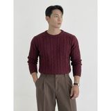 Tarz Cool Erkek Kahverengi Bisiklet Yaka Slim Fit Saç Örgülü Triko Kazak - Bordo
