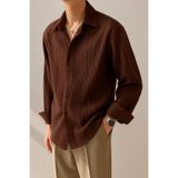 Tarz Cool Erkek Kahverengi Bürümcük Slim Fit Gömlek Yaka Uzun Kollu Gömlek