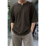Tarz Cool Erkek Kahverengi Oversize %100 Keten V Yaka Kısa Kollu Tişört – Rahat Kalıp Yazlık Keten T-Shirt