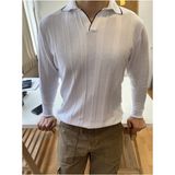 Tarz Cool Erkek Kalın Şeritli Polo Yaka Triko T-Shirt - Beyaz - M