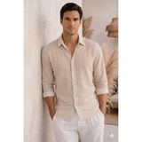 Tarz Cool Erkek Keten Karışımlı Gömlek Relaxed Yazlık Ince Kumaş Şık Casual Gömlek - Bej - 2XL