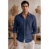 Tarz Cool Erkek Keten Karışımlı Gömlek Relaxed Yazlık Ince Kumaş Şık Casual Gömlek - Lacivert - 2XL