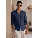 Tarz Cool Erkek Keten Karışımlı Gömlek Relaxed Yazlık Ince Kumaş Şık Casual Gömlek - Lacivert - XL