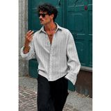 Tarz Cool Erkek Keten Karışımlı Oversize Çizgili Gömlek Çizgili Rahat Kalıp Yazlık Uzun Kollu Gömlek - Mavi - 2XL