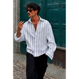 Tarz Cool Erkek Keten Karışımlı Oversize Çizgili Gömlek Çizgili Rahat Kalıp Yazlık Uzun Kollu Gömlek