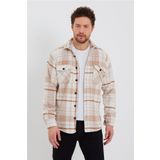 Tarz Cool Erkek Kırık Beyaz-turuncu Çift Cep Kapaklı Slim Fit Oduncu Gömlek-odg001r9500s