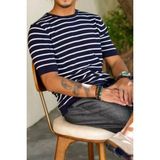 Tarz Cool Erkek Kısa Kollu Fitilli Akrilik-Pamuk Karışımlı Triko T-Shirt - Lacivert - XL
