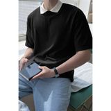 Tarz Cool Erkek Kolej Yaka Tişört Kontrast Detaylı Casual Regular Polo Yaka T-Shirt - Siyah - XL