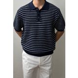 Tarz Cool Erkek Lacivert Çizgili Düğmeli Regular Fit Triko T-Shirt