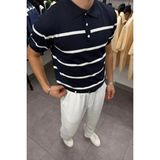 Tarz Cool Erkek Lacivert Düğmeli Polo Yaka Çizgi Detaylı Slim Fit Triko T-Shirt