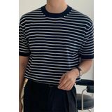 Tarz Cool Erkek Lacivert Kısa Kollu Fitilli Akrilik-Pamuk Karışımlı Triko T-Shirt