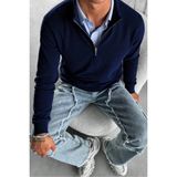 Tarz Cool Erkek Lacivert Regular Fit Yarım Pat Fermuarlı Yaka Triko Kazak - S