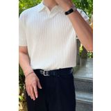 Tarz Cool Erkek Mat Beyaz Slim Fit Fitilli Polo Yaka Triko T-Shirt