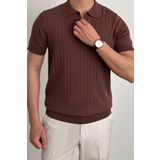 Tarz Cool Erkek Mat Kahverengi Slim Fit Fitilli Polo Yaka Triko T-Shirt