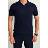Tarz Cool Erkek Mat Lacivert Slim Fit Fitilli Polo Yaka Triko T-Shirt