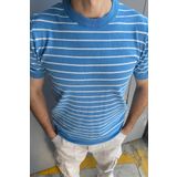 Tarz Cool Erkek Mavi Kısa Kollu Fitilli Akrilik-Pamuk Karışımlı Triko T-Shirt