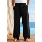 Tarz Cool Erkek Müslin Keten Karışımlı Rahat Kalıp Beli Lastikli Bağcıklı Yazlık Pantolon - Siyah - XL