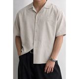 Tarz Cool Erkek Nakış Detaylı Oversize Gömlek Kısa Kollu Yazlık Rahat Kalıp Vintage Gömlek - Bej - 2XL