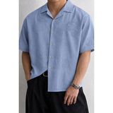 Tarz Cool Erkek Nakış Detaylı Oversize Gömlek Kısa Kollu Yazlık Rahat Kalıp Vintage Gömlek - Mavi - 2XL