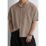 Tarz Cool Erkek Nakış Detaylı Oversize Gömlek Kısa Kollu Yazlık Rahat Kalıp Vintage Gömlek - Vizon - 2XL
