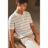 Tarz Cool Erkek Old Money Çizgili Polo Yaka Triko Tişört Slim Fit - Beyaz