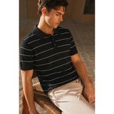 Tarz Cool Erkek Old Money Çizgili Polo Yaka Triko Tişört Slim Fit - Siyah - XL