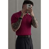 Tarz Cool Erkek Old Money Örgü Polo Yaka Triko Tişört - Bordo - XL