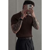 Tarz Cool Erkek Old Money Örgü Polo Yaka Triko Tişört - Kahverengi - XL