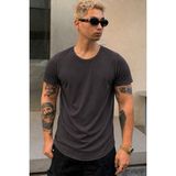 Tarz Cool Erkek Oval Etek Geniş Yaka %100 Pamuk Kısa Kollu Tişört - Antrasit - XL