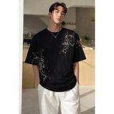 Tarz Cool Erkek Oversize Baskılı Tişört – Renkli Boya Desenli Modern Streetwear - Siyah - XL