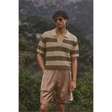 Tarz Cool Erkek Oversize Kalın Örgü Polo Yaka Triko Fileli Tişört Çizgili Vintage Yazlık Rahat Fit - Bej - M