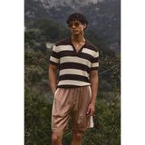 Tarz Cool Erkek Oversize Kalın Örgü Polo Yaka Triko Fileli Tişört Çizgili Vintage Yazlık Rahat Fit - Kahverengi