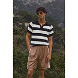Tarz Cool Erkek Oversize Kalın Örgü Polo Yaka Triko Fileli Tişört Çizgili Vintage Yazlık Rahat Fit - Siyah - XL
