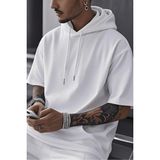 Tarz Cool Erkek Oversize Kısa Kollu Kapüşonlu Tişört Sweatshirt - Beyaz - M
