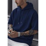 Tarz Cool Erkek Oversize Kısa Kollu Kapüşonlu Tişört Sweatshirt - Lacivert - M