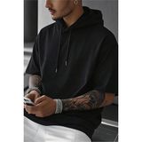 Tarz Cool Erkek Oversize Kısa Kollu Kapüşonlu Tişört Sweatshirt - Siyah - M