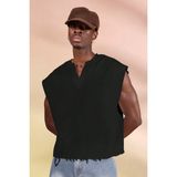 Tarz Cool Erkek Oversize Kolsuz Sweatshirt V Yaka Streetwear T-Shirt - Siyah - XL