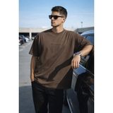 Tarz Cool Erkek Oversize Tişört – Minimal “don’t Look Back” Detaylı Basic - Kahverengi - XL