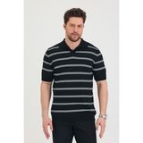 Tarz Cool Erkek Polo Yaka Beyaz Çift Çizgi Detaylı Siyah Triko T-Shirt - XL
