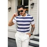 Tarz Cool Erkek Polo Yaka Çizgili Triko T-Shirt - Beyaz - Saks