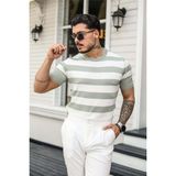 Tarz Cool Erkek Polo Yaka Çizgili Triko T-Shirt - Beyaz - Su Yeşili