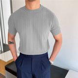 Tarz Cool Erkek Polo Yaka Çizgili Triko T-Shirt - Gri